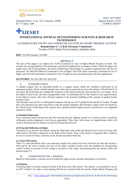 IJESRT INTERNATIONAL JOURNAL of ENGINEERING SCIENCES & RESEARCH TECHNOLOGY a LITERATURE STUDY on COMMAND to LINE of SIGHT MISSILE SYSTEM Ramakrishna G*1, G.K.D