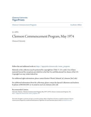 Clemson Commencement Program, May 1974 Clemson University