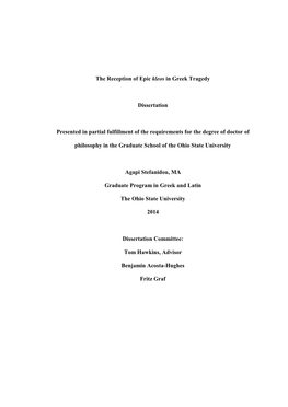 The Reception of Epic Kleos in Greek Tragedy Dissertation Presented In