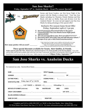 San Jose Sharks Vs. Anaheim Ducks