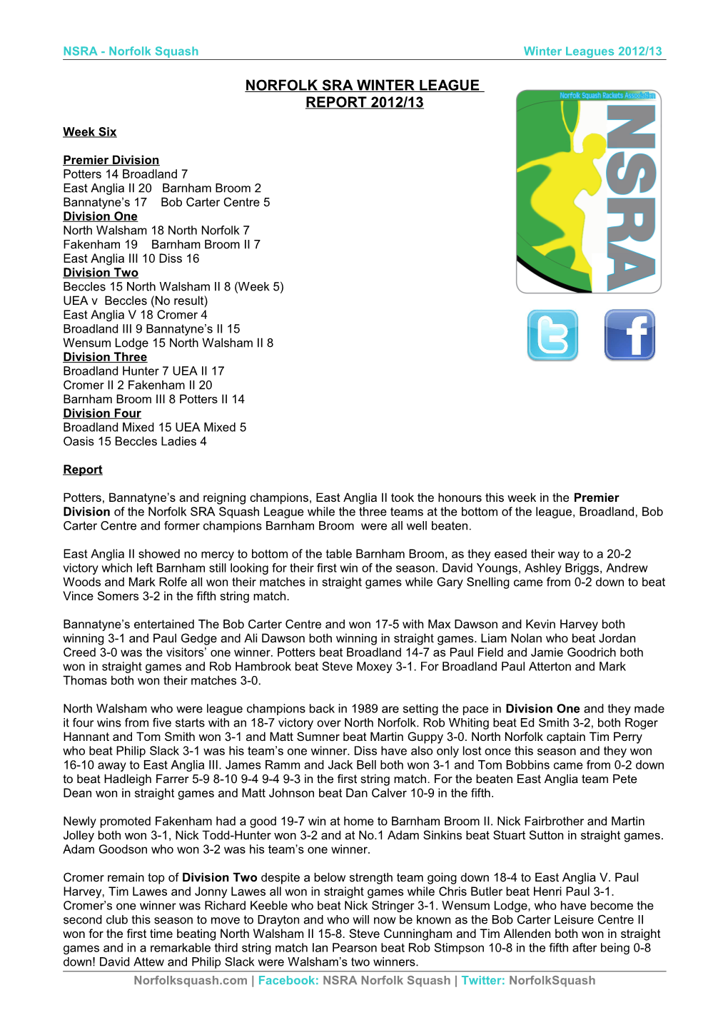 NSRA - Norfolk Squash Winter Leagues 2012/13