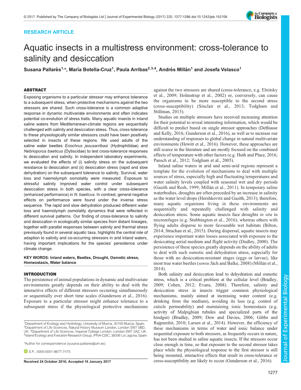 Aquatic Insects in a Multistress Environment: Cross-Tolerance To