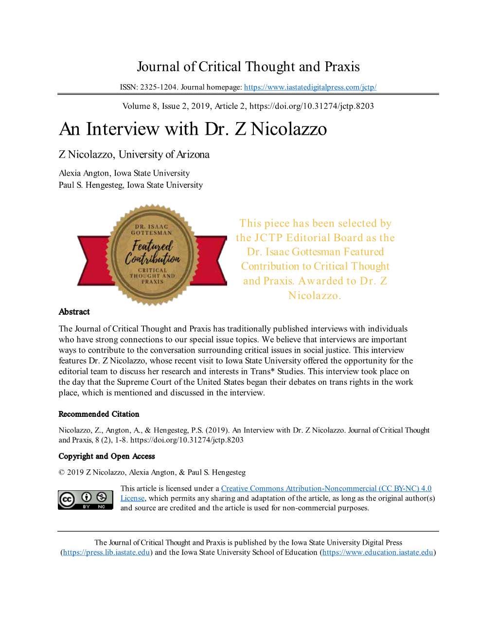 An Interview with Dr. Z Nicolazzo Z Nicolazzo, University of Arizona Alexia Angton, Iowa State University Paul S