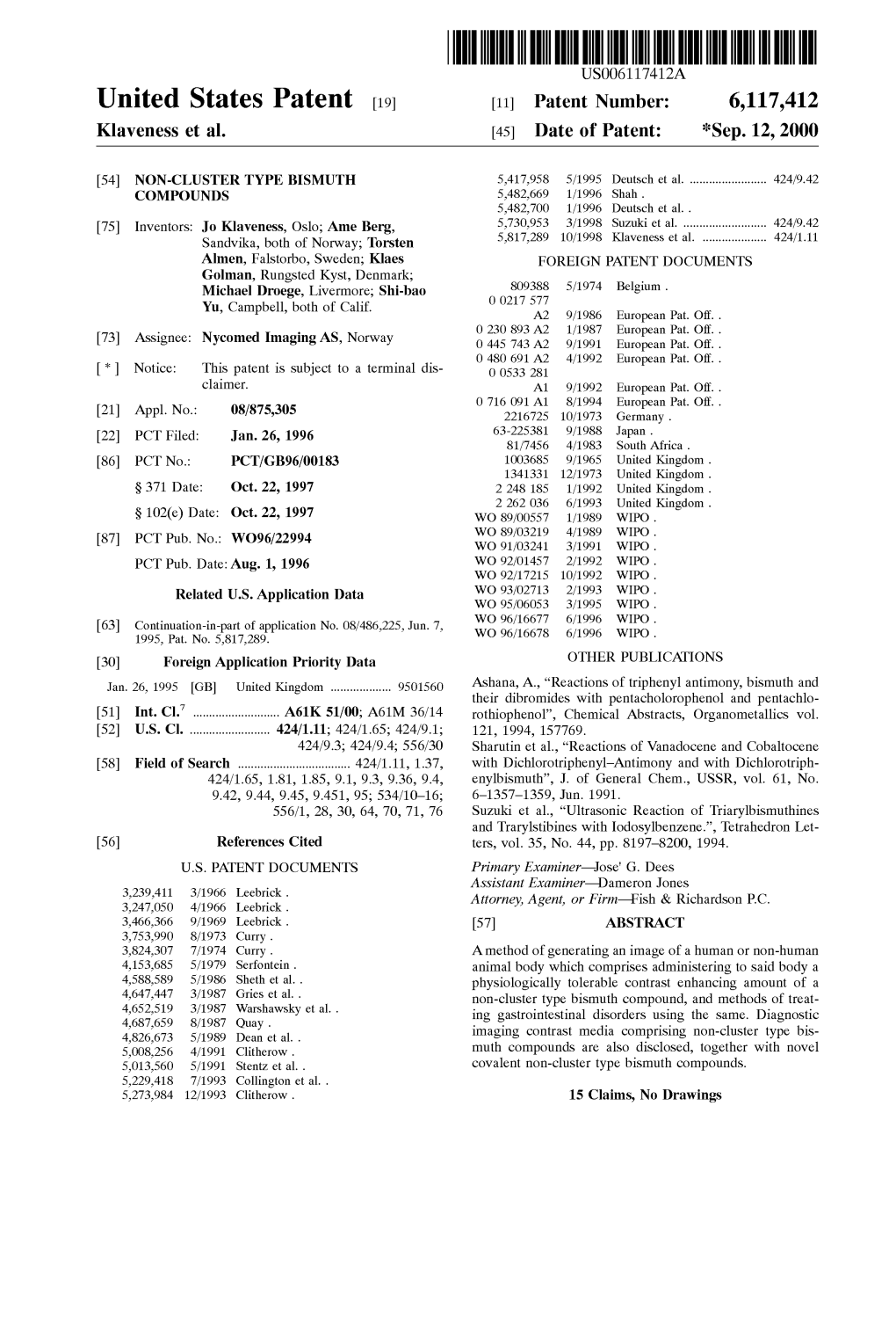 United States Patent (19) 11 Patent Number: 6,117,412 Klaveness Et Al