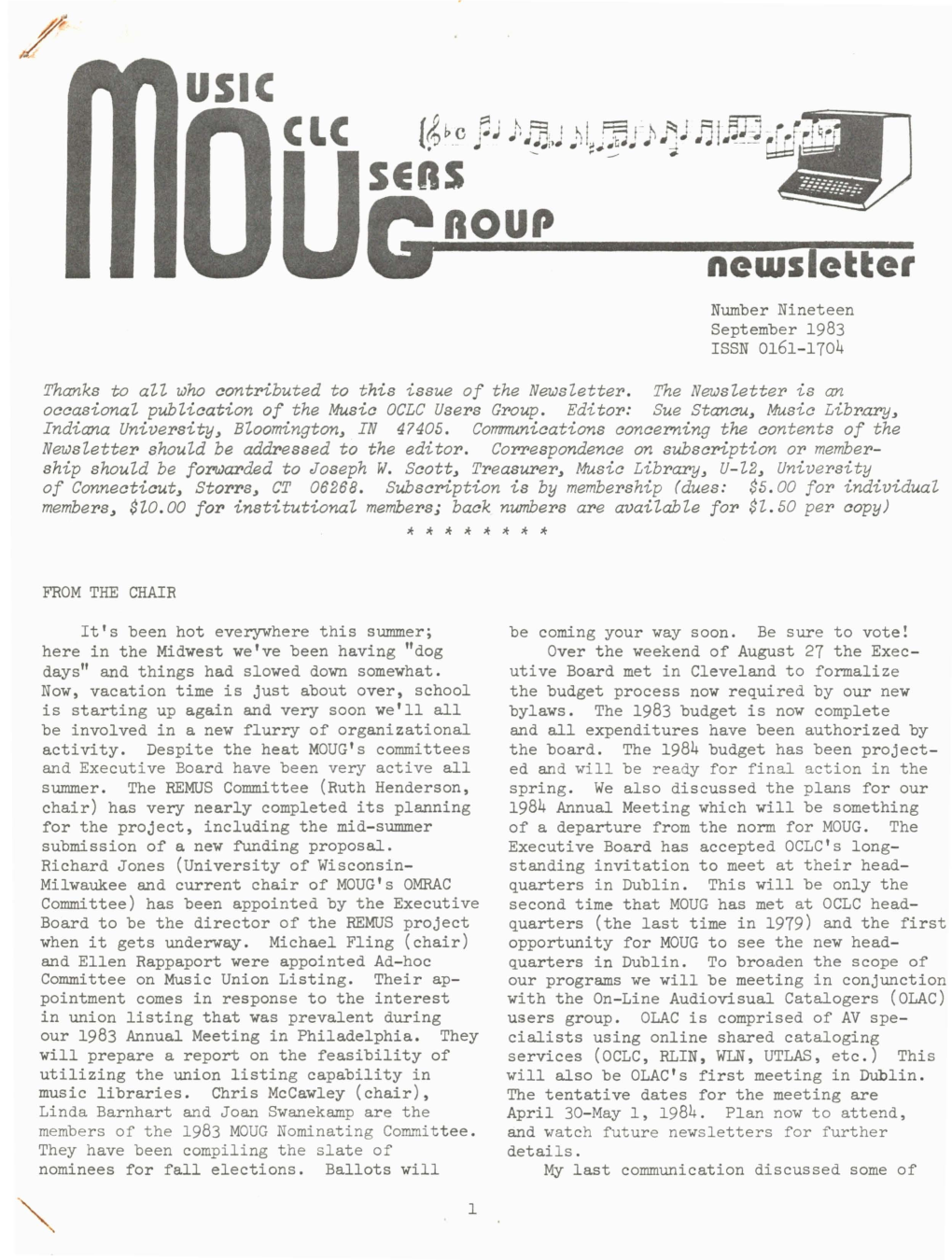 Newsletter Number Nineteen September 1983 ISSN 0161-1704