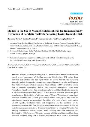 Studies in the Use of Magnetic Microspheres for Immunoaffinity Extraction of Paralytic Shellfish Poisoning Toxins from Shellfish