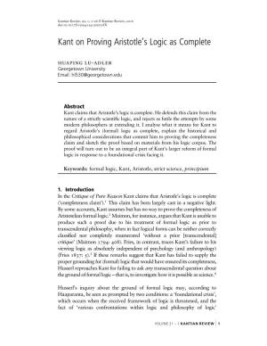 Kant on Proving Aristotle's Logic As Complete