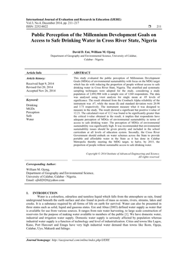 Public Perception of the Millennium Development Goals on Access to Safe Drinking Water in Cross River State, Nigeria