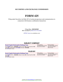 Social Capital Hedosophia Holdings Corp. Form 425 Filed 2019-09-05