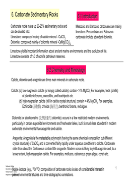 6. Carbonate Sedimentary Rocks 6.1 Introduction