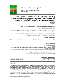 Biology and Dispersal of the Watermelon Bug Coridius Viduatus (F.) (Heteroptera: Dinidoridae) on Different Cucurbit Crops, in North Darfur State, Sudan