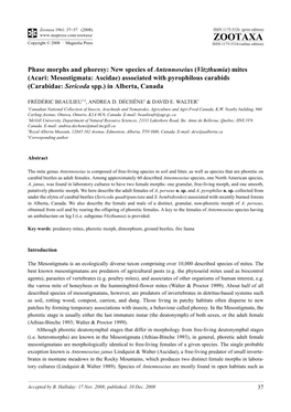 Zootaxa, Phase Morphs and Phoresy: New Species of Antennoseius