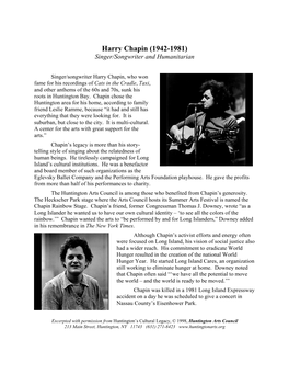 Harry Chapin (1942-1981) Singer/Songwriter and Humanitarian