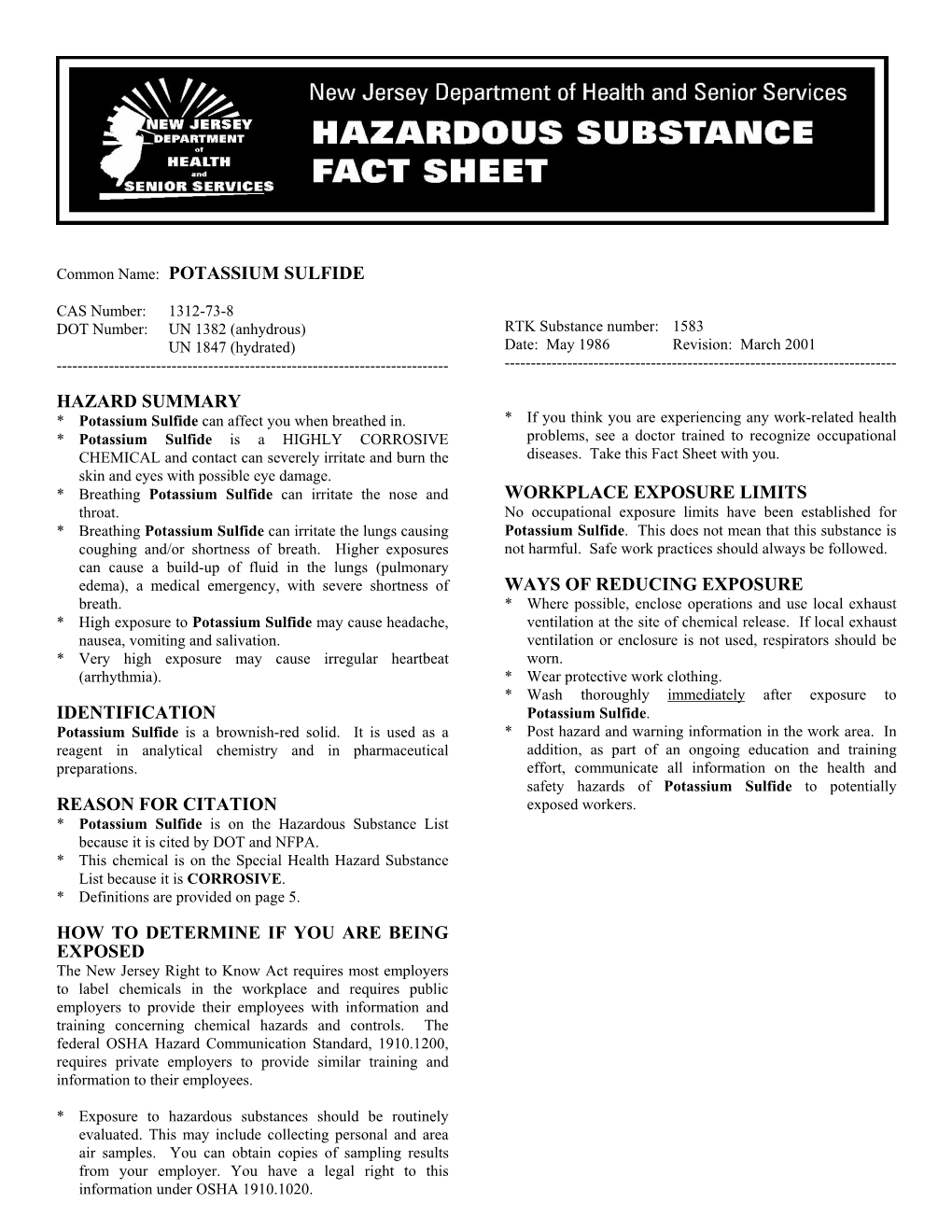Potassium Sulfide Hazard Summary Identification