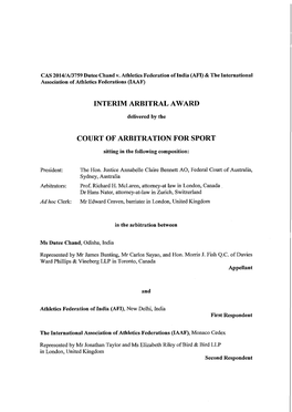 Interim Arbitral Award Court of Arbitration for Sport