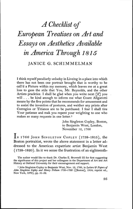 A Checklist of European Treatises on Art and Essays on Aesthetics Available in America Through 1816 JANICE G
