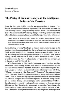 The Poetry of Seamus Heaney and the Ambiguous Politics of the Ceasefire