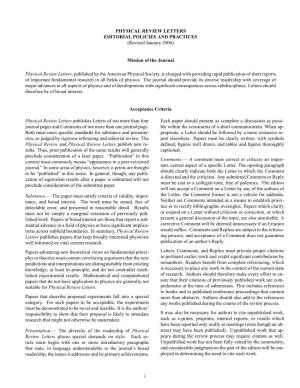 PHYSICAL REVIEW LETTERS EDITORIAL POLICIES and PRACTICES (Revised January 2006)