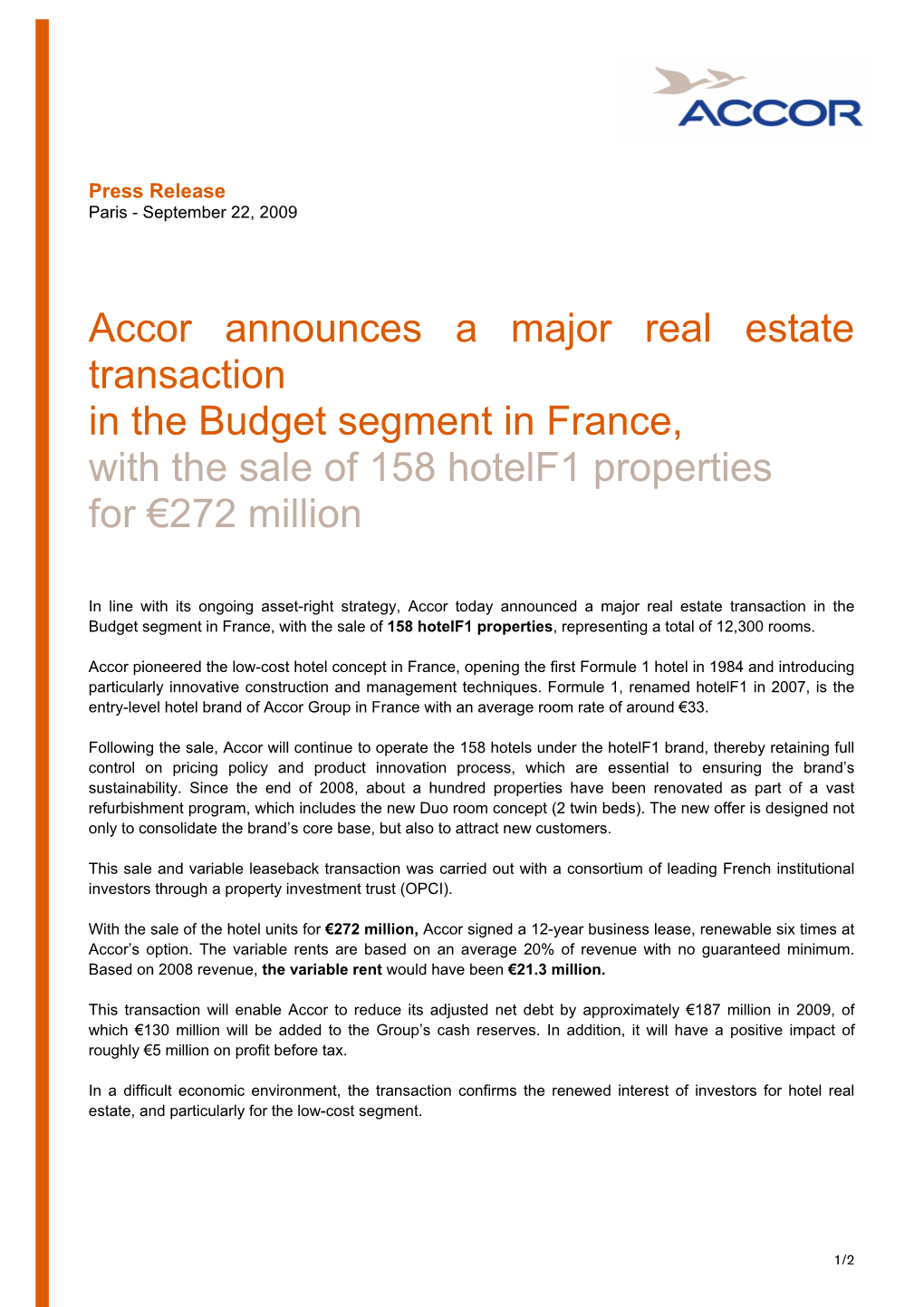Accor Announces a Major Real Estate Transaction in the Budget Segment in France, with the Sale of 158 Hotelf1 Properties for €272 Million