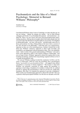 Psychoanalysis and the Idea of a Moral Psychology: Memorial to Bernard Williams’ Philosophy*