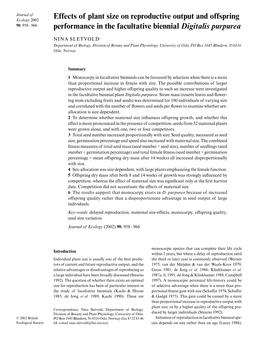 Effects of Plant Size on Reproductive Output and Offspring Performance In