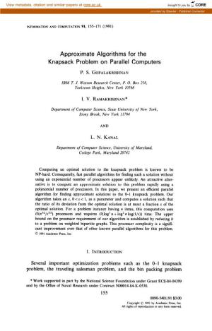Approximate Algorithms for the Knapsack Problem on Parallel Computers