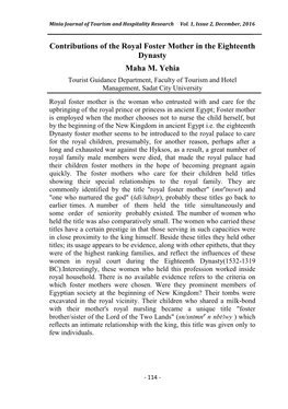 Contributions of the Royal Foster Mother in the Eighteenth Dynasty Maha M