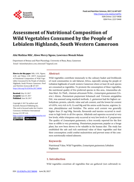 Assessment of Nutritional Composition of Wild Vegetables Consumed by the People of Lebialem Highlands, South Western Cameroon