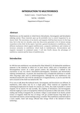 INTRODUCTION to MULTIFERROICS Student’S Name – Umesh Chandra Thuwal Roll No