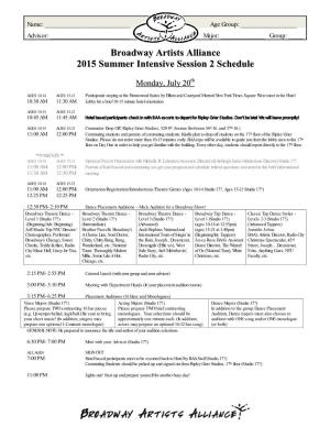Broadway Artists Alliance 2015 Summer Intensive Session 2 Schedule