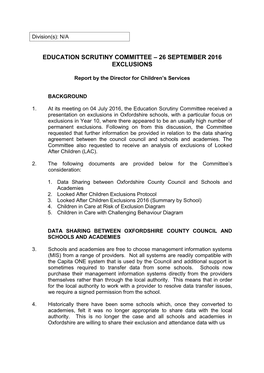 Education Scrutiny Committee – 26 September 2016 Exclusions