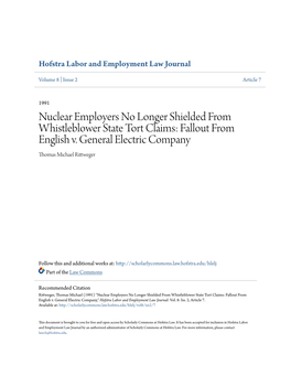 Nuclear Employers No Longer Shielded from Whistleblower State Tort Claims: Fallout from English V
