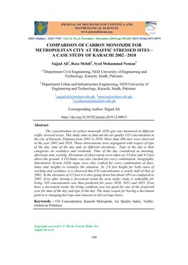 Comparison of Carbon Monoxide for Metropolitan City at Traffic Stressed Sites – a Case Study of Karachi 2002 –2018