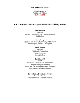 The Contested Campus: Speech and the Scholarly Values