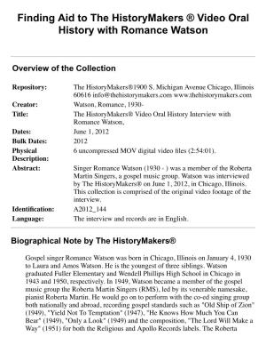 Finding Aid to the Historymakers ® Video Oral History with Romance Watson