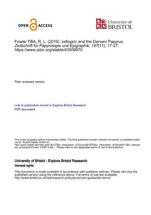 Fowler FBA, RL (2016). Ἐκθορεῖν and the Derveni Papyrus. Zeitschrift Für Papyrologie Und Epigraphik, 197(11)