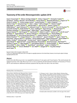 Taxonomy of the Order Mononegavirales: Update 2018