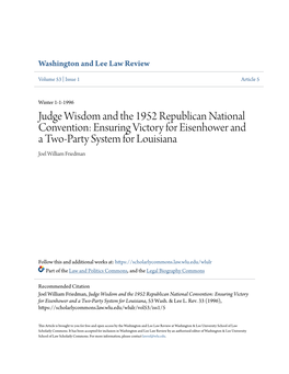 Judge Wisdom and the 1952 Republican National Convention: Ensuring Victory for Eisenhower and a Two-Party System for Louisiana Joel William Friedman