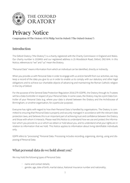 Privacy Notice Congregation of the Oratory of St Philip Neri in Oxford (“The Oxford Oratory”)