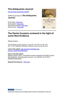 The Antiquaries Journal the Dorian Invasion Reviewed in the Light of Some New Evidence