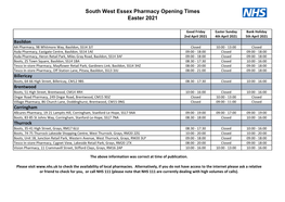 South West Essex Pharmacy Opening Times Easter 2021