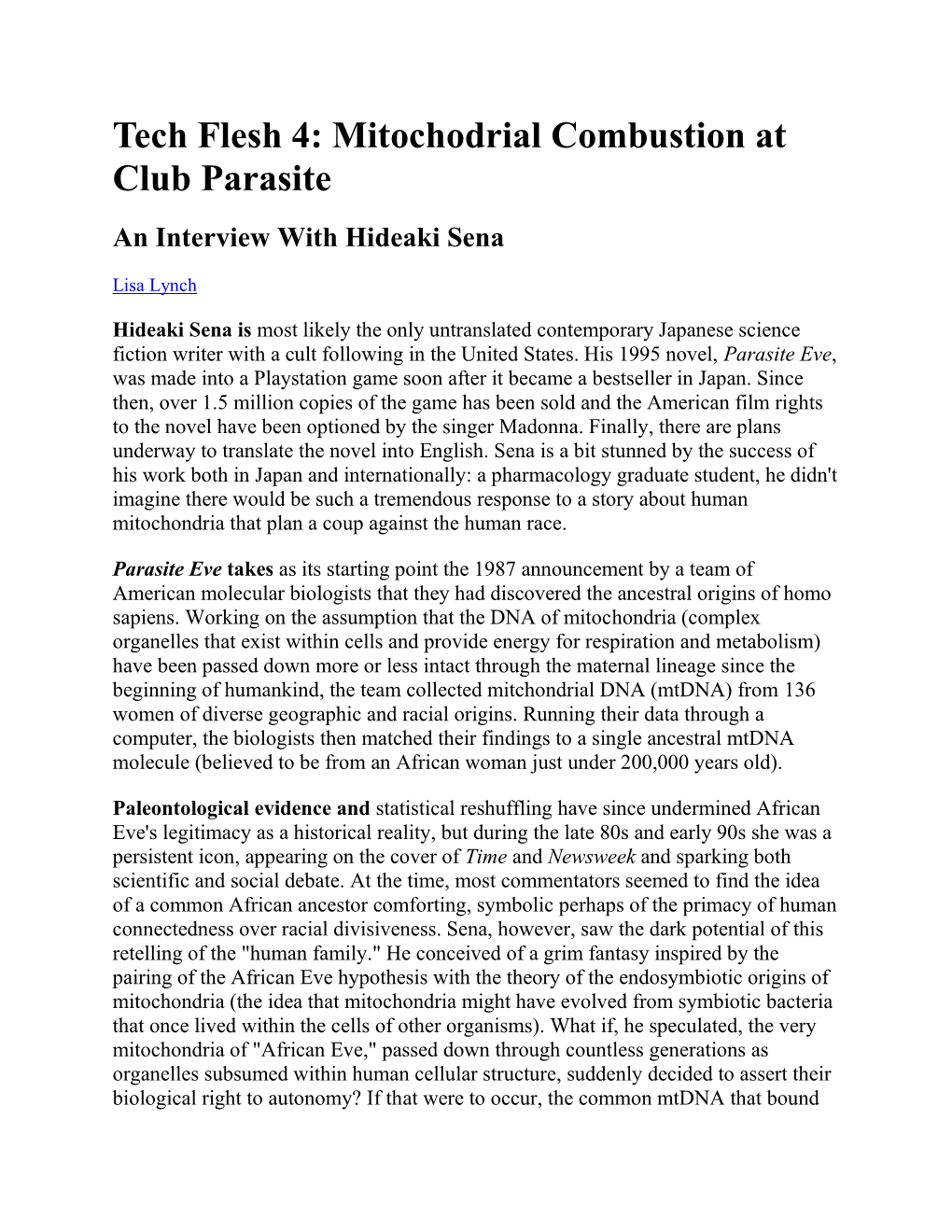 Mitochodrial Combustion at Club Parasite an Interview with Hideaki Sena