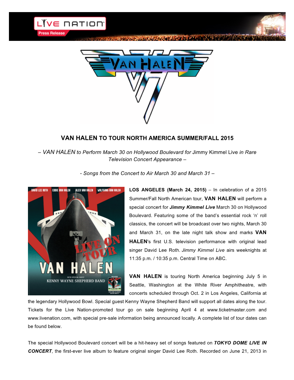 Van Halen to Tour North America Summer/Fall 2015