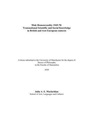 Male Homosexuality 1945-70: Transnational Scientific and Social Knowledge in British and West European Contexts