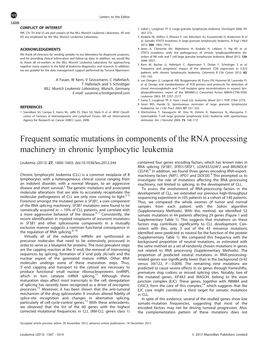 Frequent Somatic Mutations in Components of the RNA Processing Machinery in Chronic Lymphocytic Leukemia