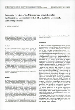 Systematic Revision of the Miocene Long-Snouted Dolphin Eurhinodelphis Longirostris DU Bus, 1872 (Cetacea, Odontoceti, Eurhinodelphinidae)