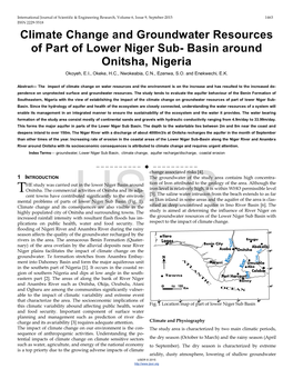 Climate Change and Groundwater Resources of Part of Lower Niger Sub- Basin Around Onitsha, Nigeria Okoyeh, E.I., Okeke, H.C., Nwokeabia, C.N., Ezenwa, S.O