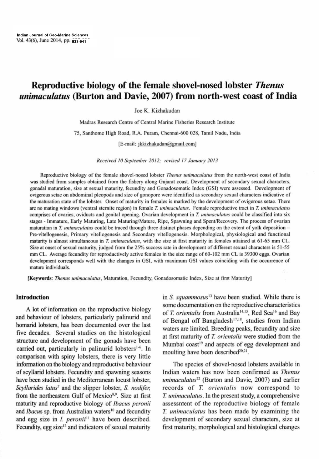 Reproductive Biology of the Female Shovel-Nosed Lobster Thenus Unimaculatus (Burton and Davie, 2007) from North-West Coast of India