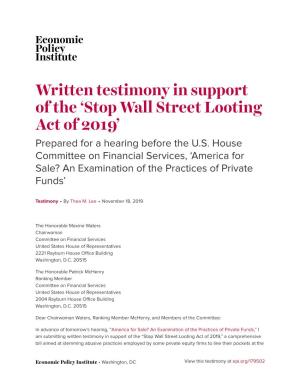 Stop Wall Street Looting Act of 2019’ Prepared for a Hearing Before the U.S