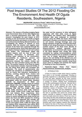 Post Impact Studies of the 2012 Flooding on the Environment and Health of Oguta Residents, Southeastern, Nigeria